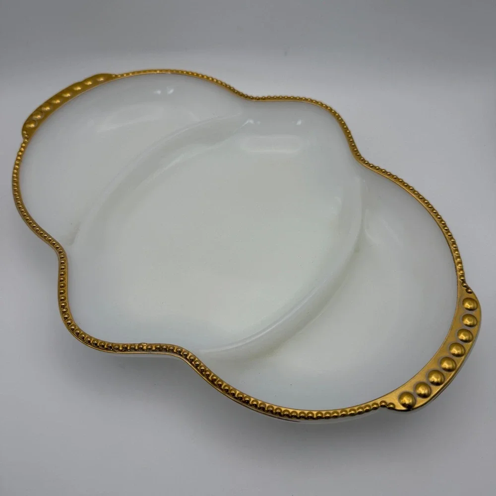 Fire King Milk Glass Divided Relish Tray‎ Gold Beaded Rim Scalloped Vintage 11
